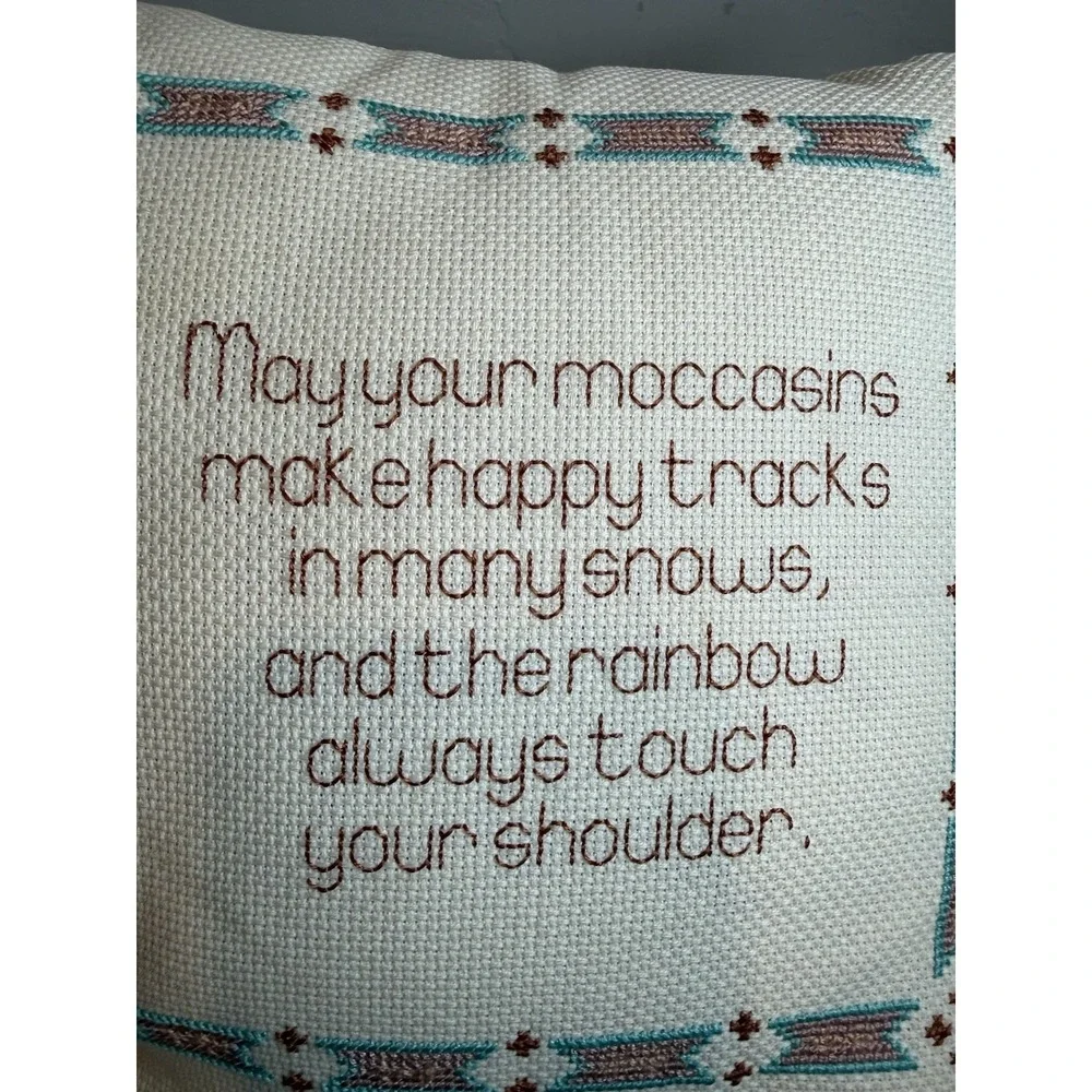 Vintage Cross Stitch Pillow Native American Blessing Moccasins Sampler Cushion